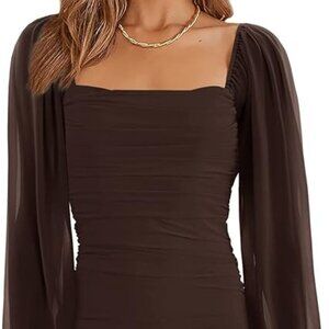 Women's Mesh Long Sleeve Square Neck Ruched Bodycon Mini Dress